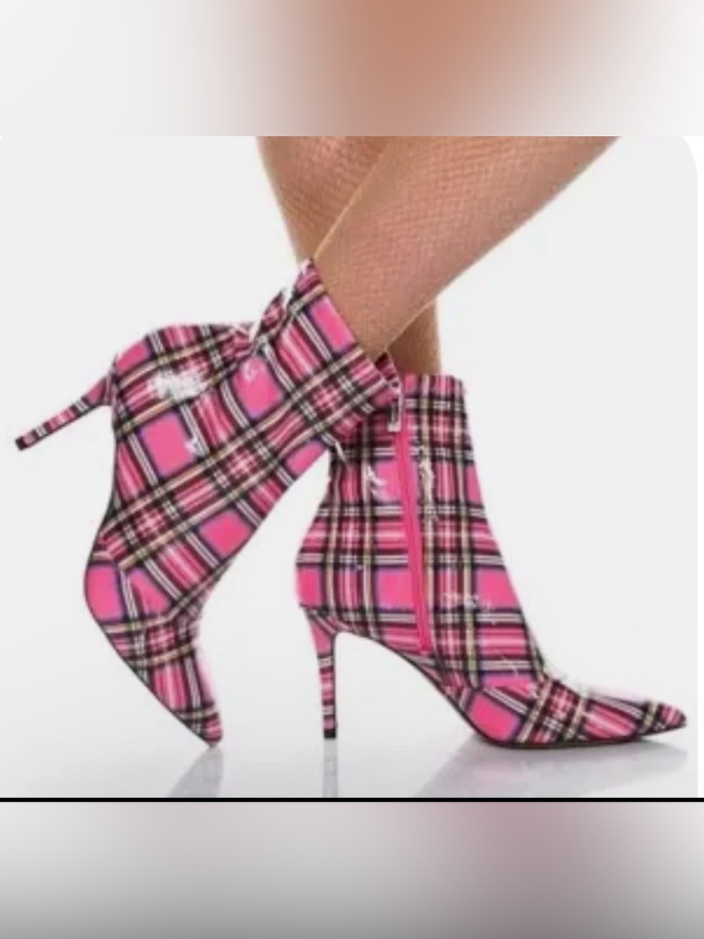 Jessica Simpson Pink Plaid Pointed Toe Ankle Booties Size 7.5 Stiletto Heel